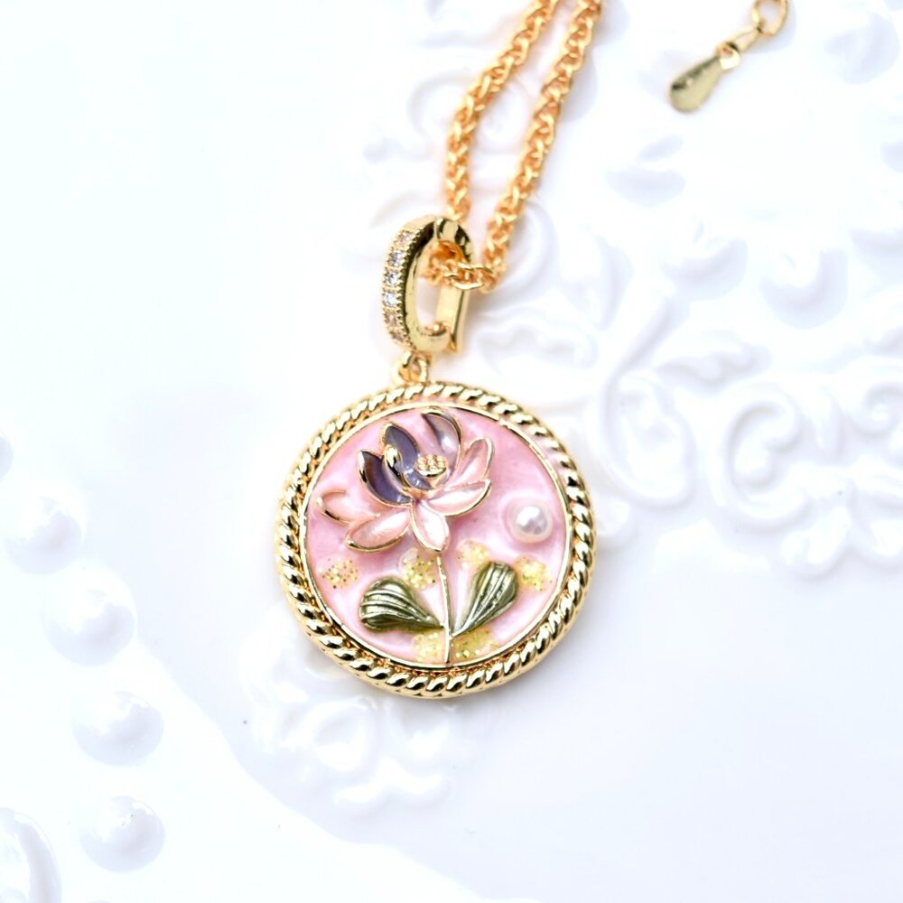 Pink Enamel Pearl Flora Charm Necklace - Vintage Style